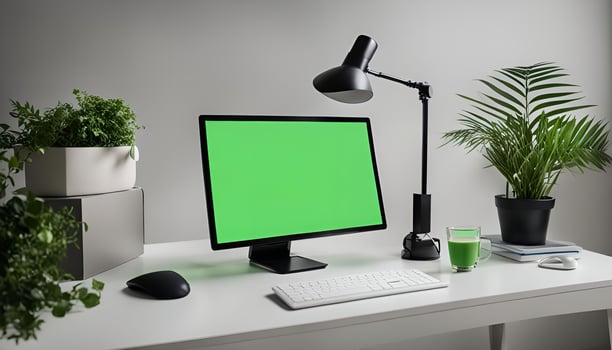 Minimalist Workspace with Green Screen Computer photo