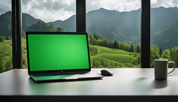 Laptop With Green Screen in Front of Mountain View photo