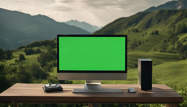 Computer on a Desk with a Mountain View photo