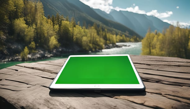 Tablet on Wooden Deck with Mountain and River View photo