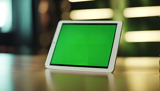 White Tablet with Green Screen on Wooden Desk photo