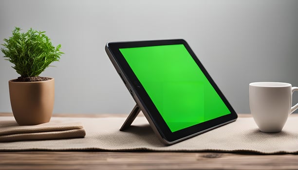 Tablet on a table with a green screen photo