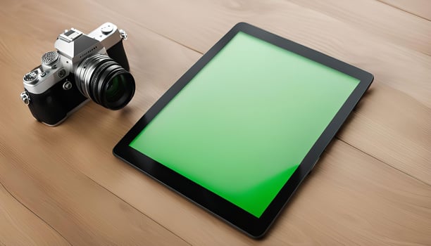 Camera and Tablet on a Wooden Table photo
