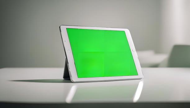 White Tablet with Green Screen on Table photo