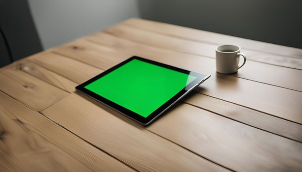 Tablet and Coffee on Wooden Table photo