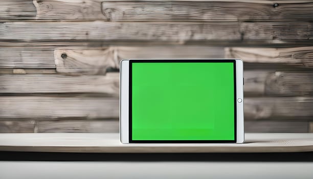 Tablet with Green Screen on Wooden Background photo