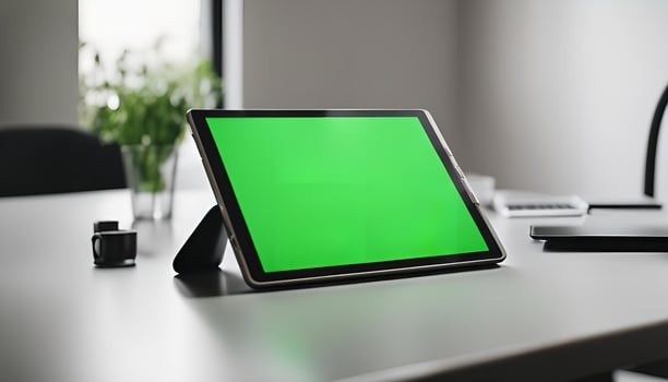 Tablet with Green Screen on Desk photo