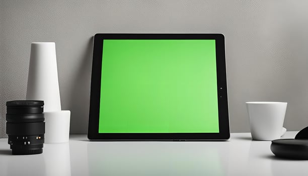 Tablet with Green Screen on a White Desk photo