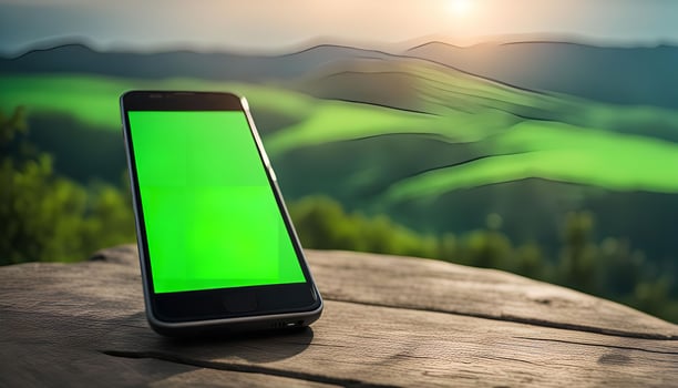 Smartphone on a Wooden Table with Mountain View photo