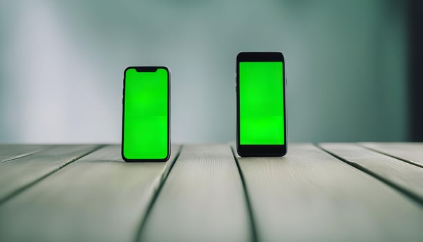 Two Smartphones with Green Screens on a Wooden Table photo