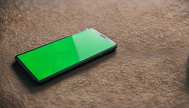Smartphone with Green Screen on Brown Surface photo