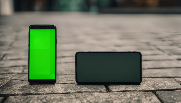 Two Smartphones with Green and Black Screens Lying on the Pavement photo