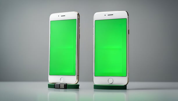 Two Smartphones with Green Screens on a White Surface photo