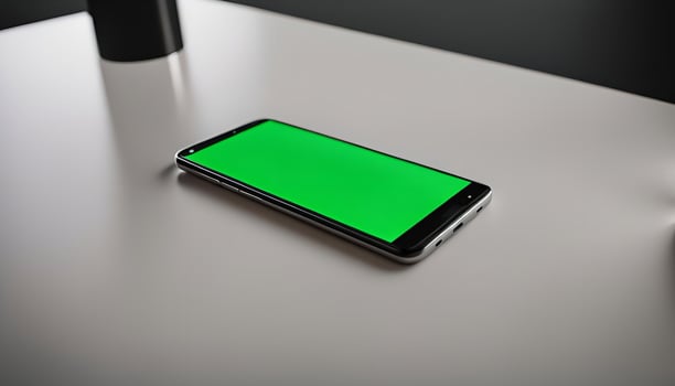 Smartphone with Green Screen on White Table photo