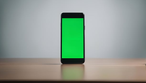 Black Smartphone with Green Screen on Wooden Table photo