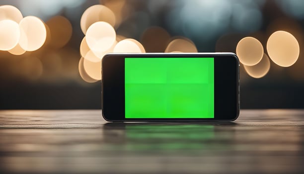 Smartphone with Green Screen on Wooden Table photo