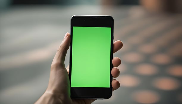Hand Holding Smartphone with Green Screen photo