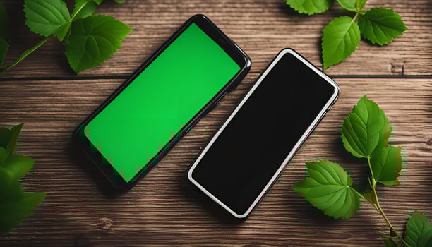 Two Smartphones on a Wooden Surface with Green Leaves photo