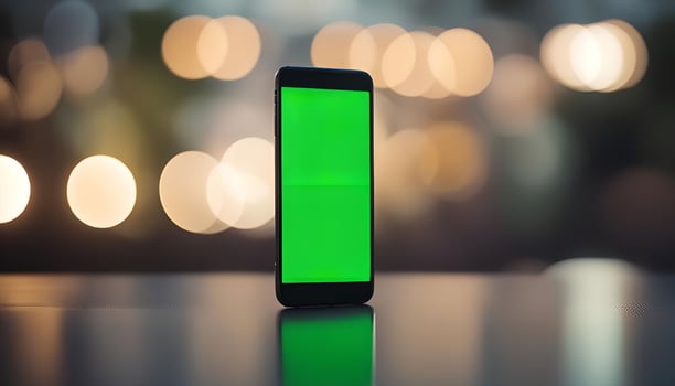 Smartphone with Green Screen on Table with Bokeh Lights photo