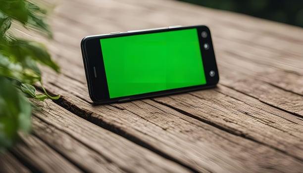 Smartphone on a Wooden Table with Green Screen photo