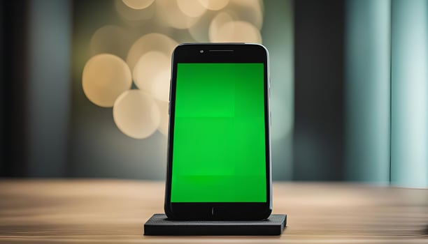 Smartphone with Green Screen on a Wooden Table photo