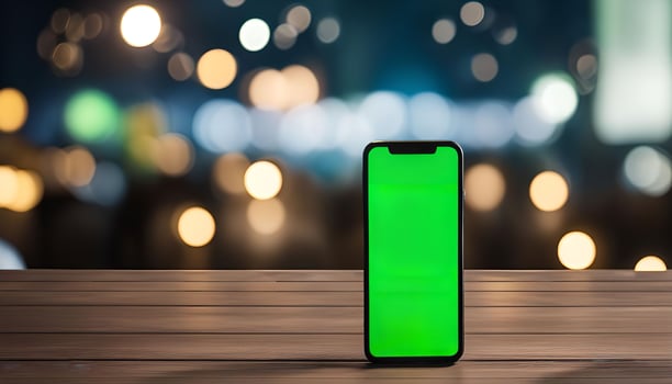 Smartphone Mockup with Green Screen on Wooden Table photo