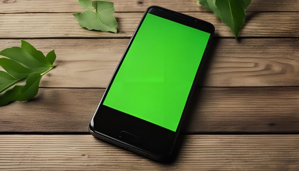 Smartphone Mockup on Wooden Surface with Green Leaves photo