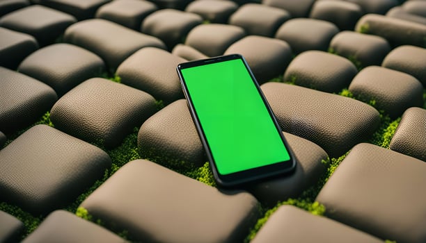 Smartphone on a Green Screen with Brown Cushions photo