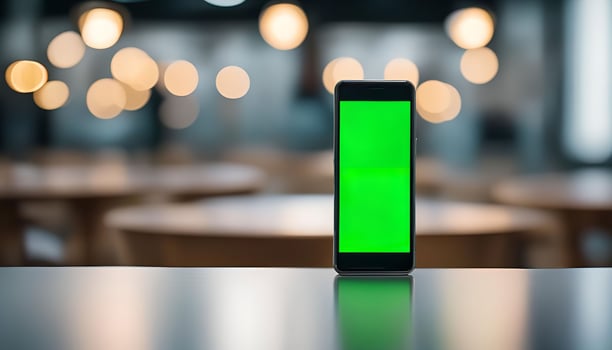Smartphone with Green Screen on a Table in a Cafe photo