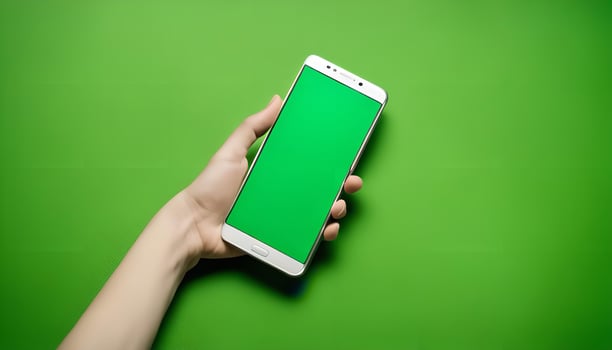 Hand Holding a Smartphone with a Green Screen photo