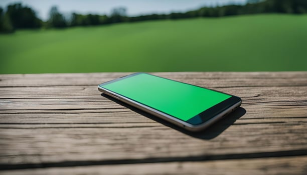 Smartphone on a Wooden Bench with Green Background photo