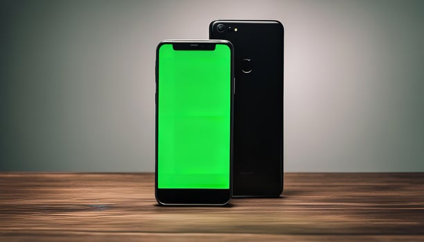 Two Smartphones on Wooden Table with Green Screen photo