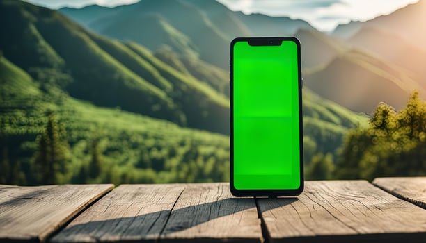 Smartphone with Green Screen in Front of Mountain View photo