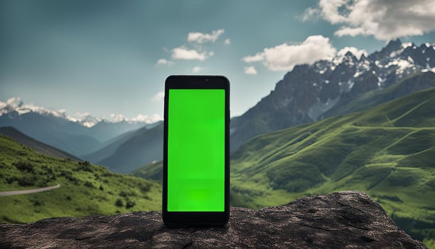 Smartphone with a Green Screen on a Mountain Peak photo