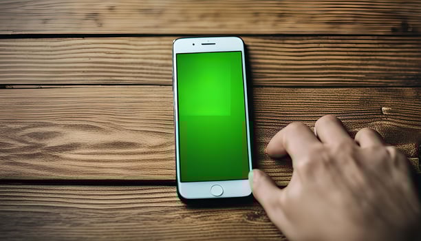 Smartphone with Green Screen on Wooden Table photo