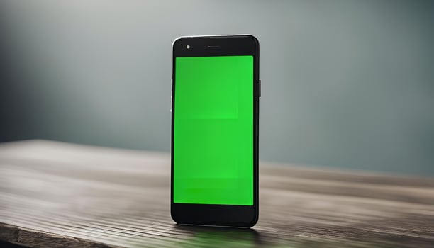 Smartphone with Green Screen on Wooden Table photo