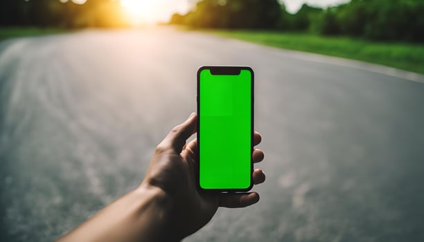 Hand Holding Smartphone With Green Screen on Road photo