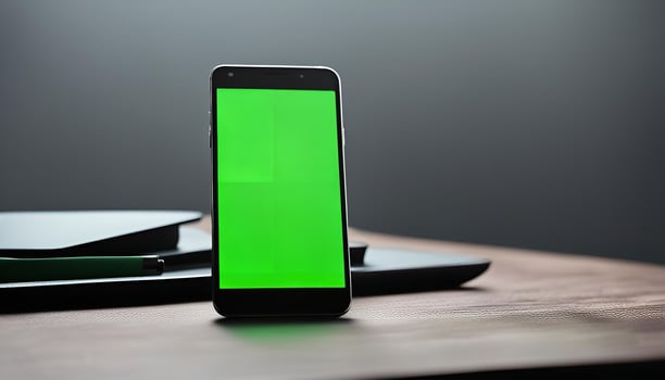 Smartphone with Green Screen on Wooden Desk photo