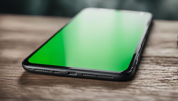 Smartphone Mockup with Green Screen on Wooden Table photo