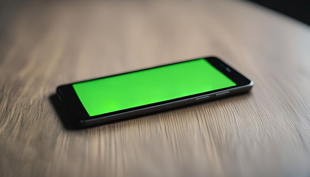 Smartphone on a wooden table with a green screen photo