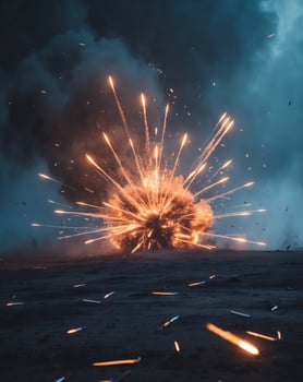 Explosive Action Captured With Flying Bullets and Bursts of Fire in Dark Surroundings photo