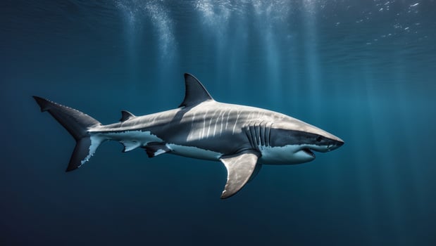 Majestic great white shark swimming in deep blue ocean waters photo