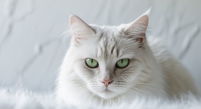 A cat with a greenish yellow eye stares at the camera photo