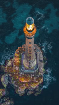 An aerial view of a lighthouse on a rocky island photo