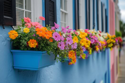 Flowers in window boxes on a colorful building photo
