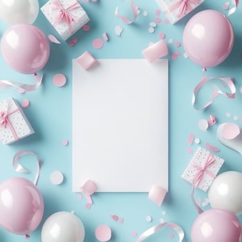 Blank paper with pink balloons and confetti on a blue background photo