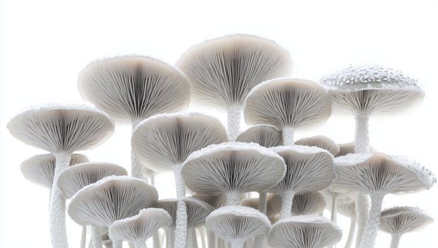 A Cluster of Delicate White Mushrooms Against a Bright Background. A Study in Natural Textures and Forms, Desaturated photo