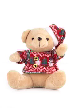 Plush teddy bear wearing a festive red Christmas sweater and hat, isolated on white background photo