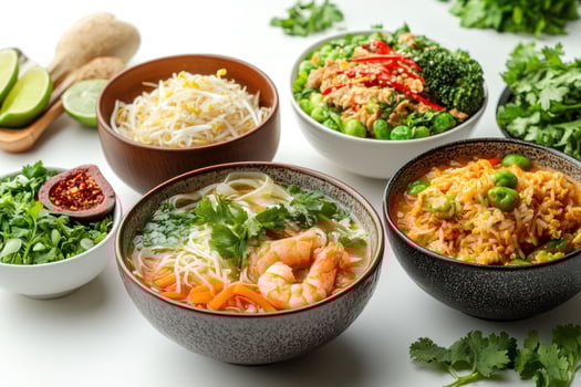 Four Bowls of Asian Cuisine with Shrimp, Bean Sprouts, and Rice photo