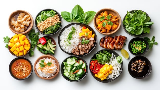 An Array of Vietnamese Dishes, Including Rice, Meat, and Vegetables, Served in Small Bowls photo